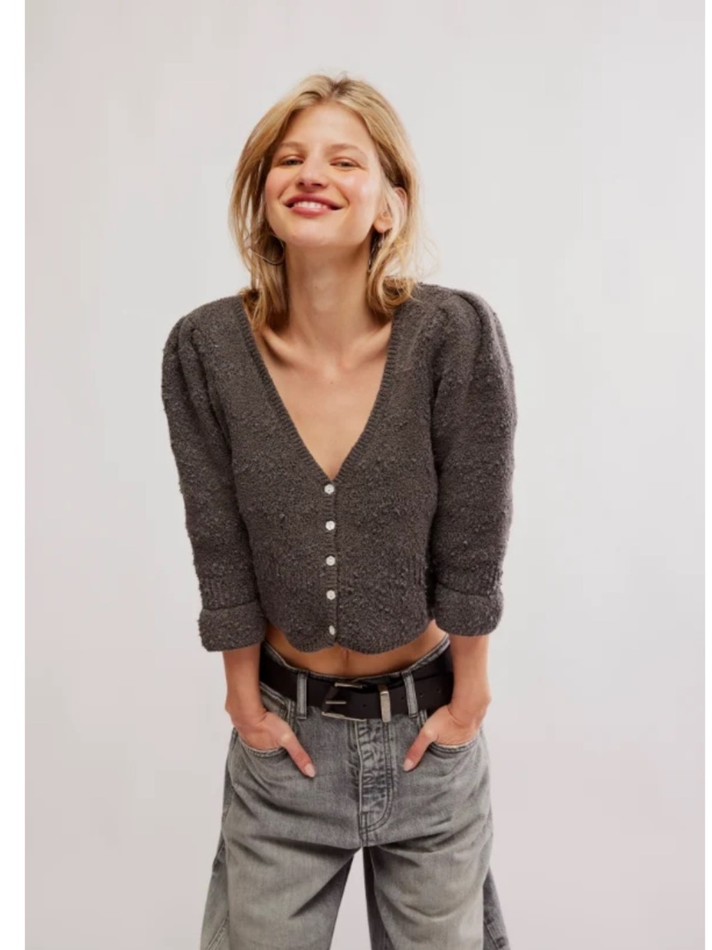 Free People Charcoal Gray Textured V-Neck Button Cardigan